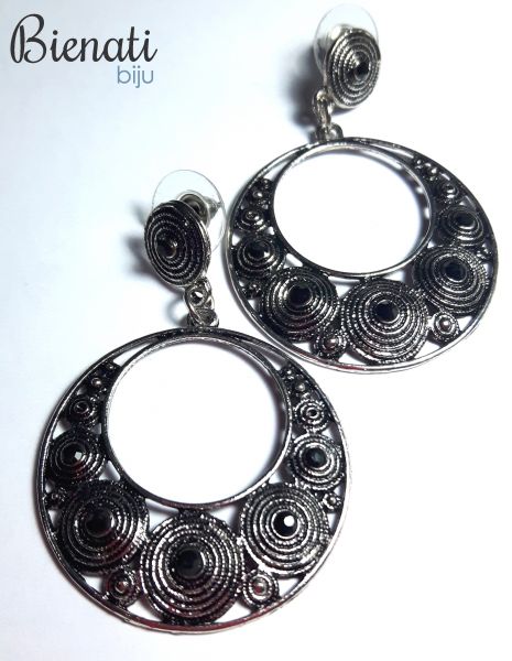 BG050P - Brinco Redondo Prata com Strass Preto