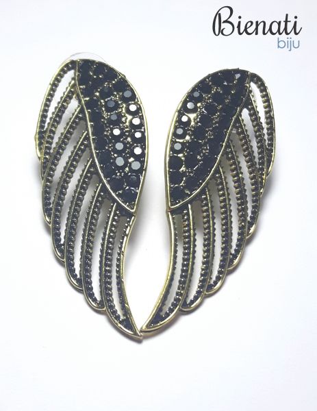 BG069 - Maxi Brinco Dourado de Asa com Detalhes Vazado e Strass Preto