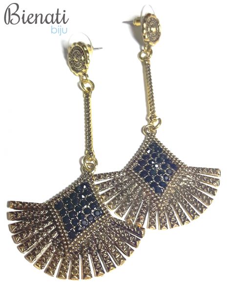 BG048 - Brinco Leque Dourado Velho com Strass Preto