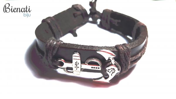 PU047 - Pulseira de Couro Marrom Âncora