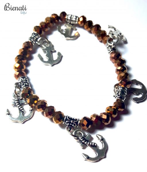 PU054 - Pulseira Pedrinhas na cor Marrom com Pingente de Ancôra