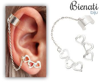 BS2586 P - Brinco EAR CUFF folheado a prata c/ corações e correntinha