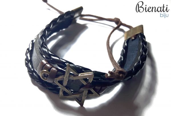Cód. PU080 - Pulseira de Couro 3 Tiras com Detalhe de Estrela de Davi