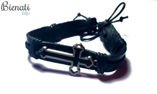 PU064 - Pulseira de couro Preta Cruz