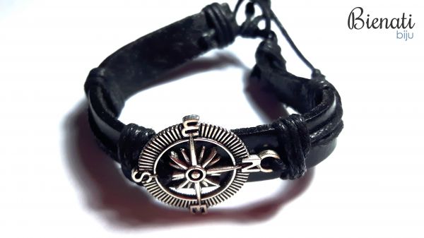 PU048P - Pulseira de Couro Preta Bússola