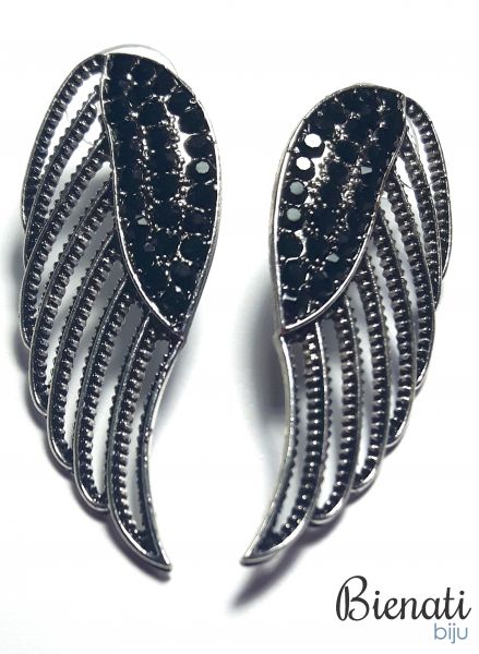 BG069P - Maxi Brinco Prata de Asa com Detalhes Vazado e Strass Preto