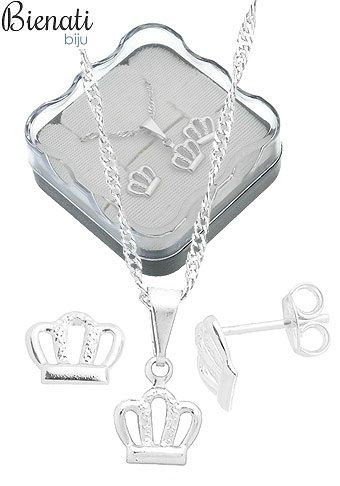 Cód. BG0796 P - Conjunto folheado a prata c/ corrente, brincos e pingente em forma de corôa