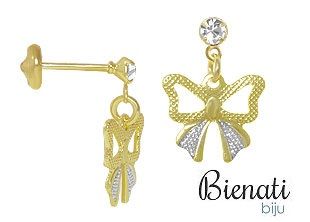 Cód. BP067 - Brinco infantil folheado a ouro c/ lacinho, pedrinha, aplique de prata