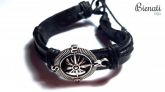 PU048P - Pulseira de Couro Preta Bússola