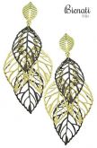 Cód. BG026 - Brinco folheado a ouro c/ adereços vazados em forma de folha e detalhes c/ banho onix