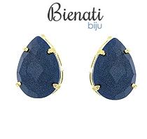 Cód. BS2526 Brinco folheado a ouro c/ pedra acrílica em forma de gota na cor azul marinho