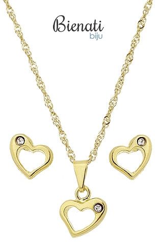 Cód. BG0815 - Conjunto folheado a ouro c/ corrente, brincos e pingente em forma de coração c/ strass