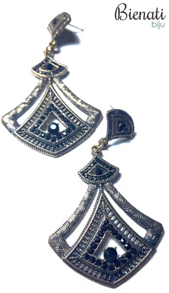 BG092 - Brinco Dourado Triângulo com Strass Preto