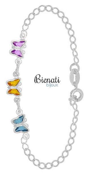Cód. PI005 P - Pulseira infantil folheada a prata c/ borboletinhas coloridas
