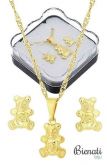 Cód. BG0800  Conjunto folheado a ouro c/ corrente, brincos e pingente em forma de ursinhos