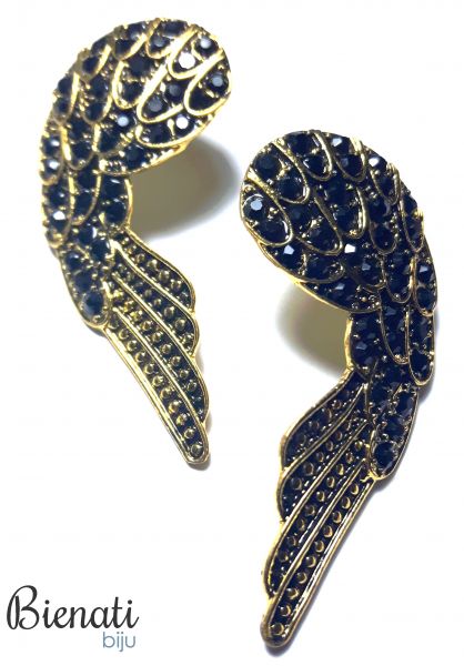 BG093 - Brinco Dourado de Asa com Detalhe em Strass Preto
