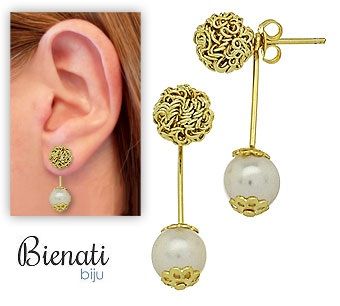 Cód. BM038 - Brinco folheado a ouro com bolinha de fio e pérola