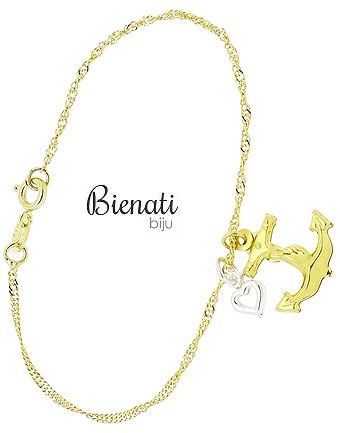 Cód. PU031 - Pulseira folheada a ouro c/ pingente de âncora e coração c/ aplique de prata
