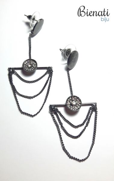 BG066 P - Maxi Brinco Strass com Correntes - Prata/Chumbo