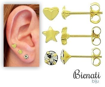 Cód. BS2481 - Conjunto c/ três pares de brinco folheados a ouro: pedrinha, estrela e coração
