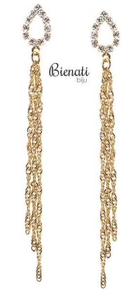 Cód. BG020 - Brinco folheado a ouro com pedras de strass e correntes