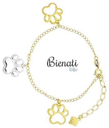 Cód. P381 - Pulseira folheada a ouro c/ patinhas de cachorro e aplique de prata