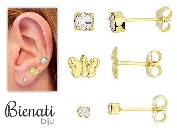 Cód. BS2537 - Conjunto c/ três pares de brinco folheados a ouro, contendo strass e borboleta