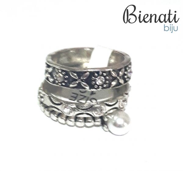 AN035 P - Pandora 3 anéis (1 pérola, 1 aliança com strass, 1 aliança florzinha com strass