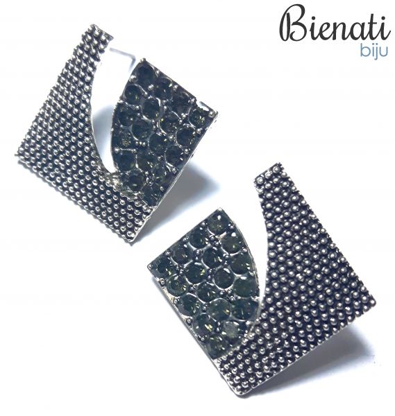 BP086 P - Brinco Pequeno Prata com Detalhe em Strass Preto