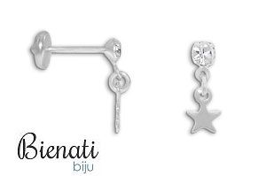 Cód. BI010 P - Brinco infantil folheado a prata c/ pedra de strass, estrela de chapa e tarraxa Baby