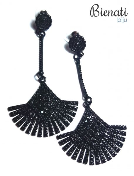 BG048PT - Brinco Leque Preto com Strass Preto