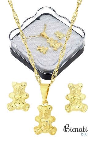 Cód. BG0800  Conjunto folheado a ouro c/ corrente, brincos e pingente em forma de ursinhos