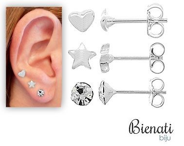 Cód. BS2481 P - Conjunto c/ três pares de brinco folheados a prata: pedrinha, estrela e coração