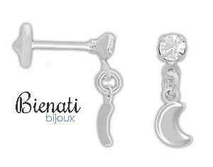 Cód. BI008 P - Brinco infantil folheado a prata c/ pedra de strass, lua e tarraxa Baby