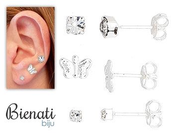 Cód. BS2537P - Conjunto c/ três pares de brinco folheados a prata, contendo strass e borboleta