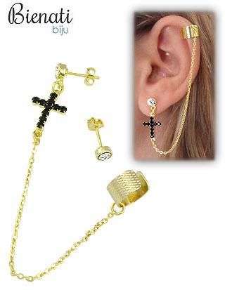Cód. BS2299 - Brinco EAR CUFF folheado a ouro c/ cruz em strass e correntinha