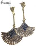 BG048 - Brinco Leque Dourado Velho com Strass Preto