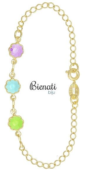 Cód. PI007 - Pulseira infantil folheada a ouro c/ corrente e adereços de flores c/ pedras sintéticas