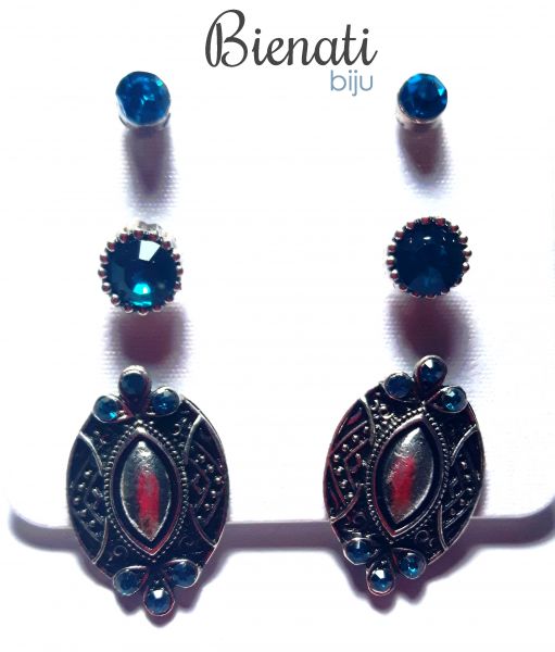 BP082 - Kit 3 brincos (strass azul, strass médio azul e oval com detalhes em strass)