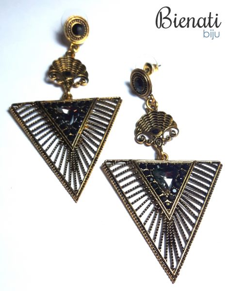 BG052 - Brinco Triangulo Invertido Dourado Velho com Strass Preta