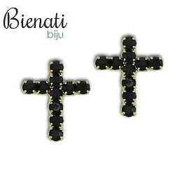 Cód. BP053 - Brinco de strass folheado a ouro em forma de cruz