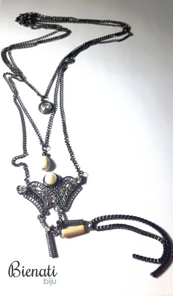 CO082 - Maxi Colar Preto 3x1 - Strass, pedra e pérola