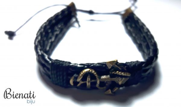 Cód. PU083 - Pulseira de Couro Preta Com Pingente de Âncora