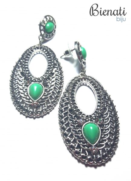 BG076 P - Maxi Brinco Oval Prata com Pedra Verde Água
