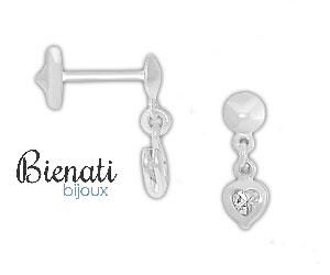 Cód. BI009 P - Brinco infantil folheado a prata c/ pedra de strass, coração e tarraxa Baby