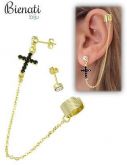 Cód. BS2299 - Brinco EAR CUFF folheado a ouro c/ cruz em strass e correntinha