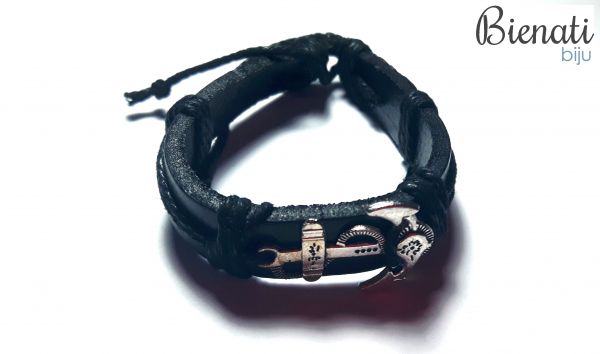 PU047P - Pulseira de Couro Preta Âncora