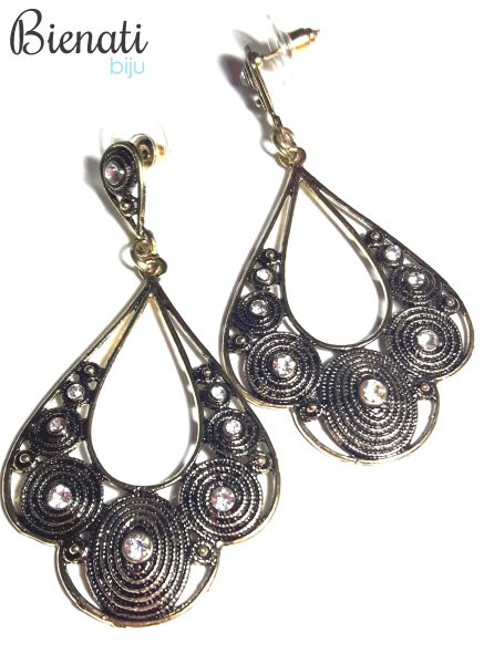 BG047 - Brinco Gota Dourado Velho com Strass Cristal