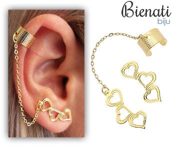 BS2586 - Brinco EAR CUFF folheado a ouro c/ corações e correntinha